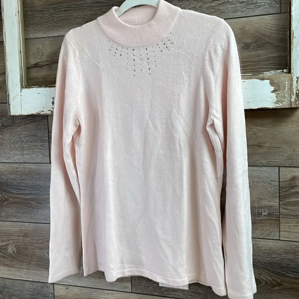 Mercer Street Studio Ladies Pink Crew Neck Sweater With Rhinestones, Size Large